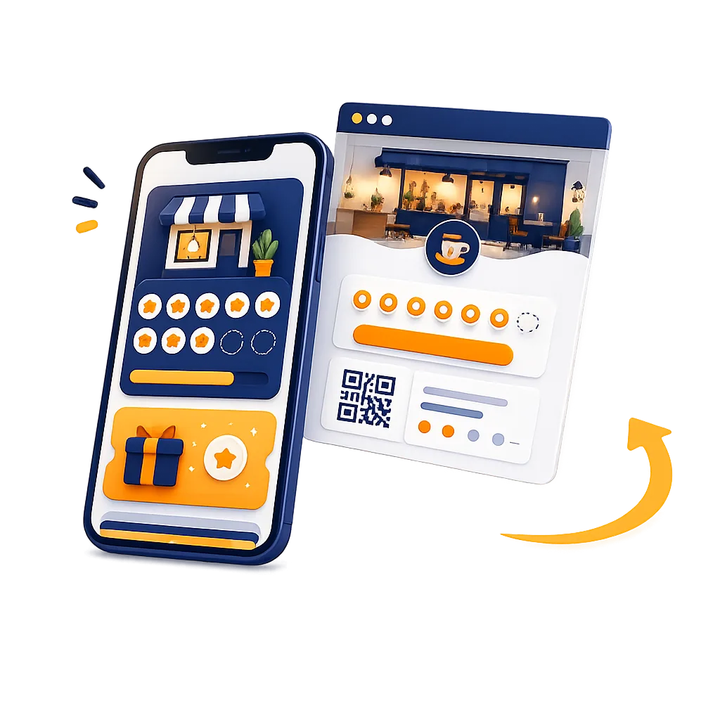 Digital loyalty card preview with mobile wallet rewards, QR code and storefront