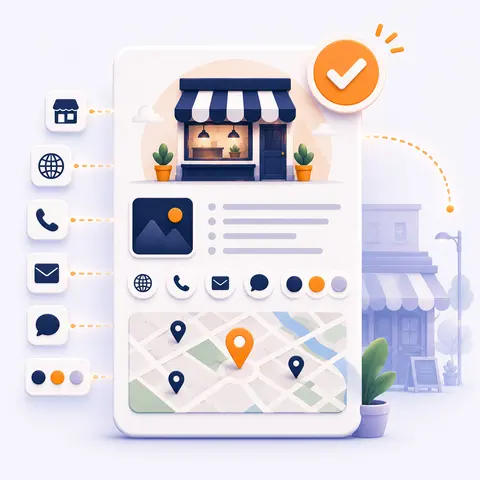 Business profile with storefront, contact channels and location map