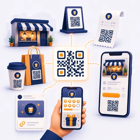 QR code shared across store materials, receipts, packaging and mobile landing page