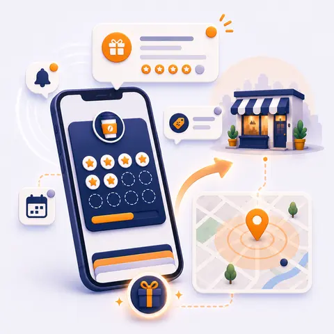 Digital loyalty card with notifications, nearby reminder and location map